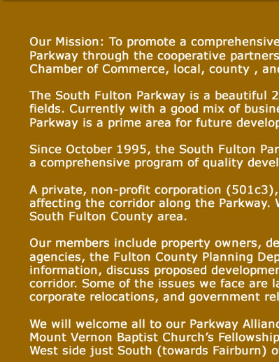 South Fulton Parkway Alliance - promoting quality development for the South Fulton Parkway located near Atlanta Georgia's Hartsfield Jackson International airport