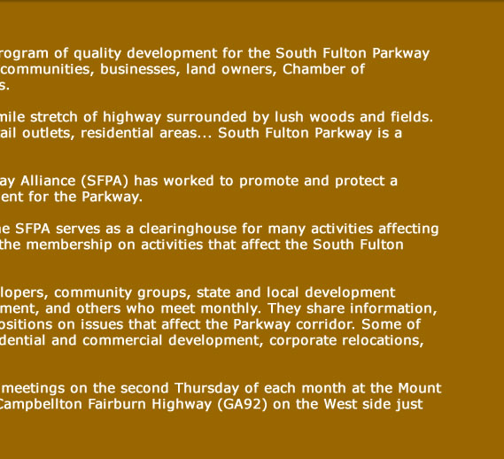 South Fulton Parkway Alliance - promoting quality development for the South Fulton Parkway located near Atlanta Georgia's Hartsfield Jackson International airport